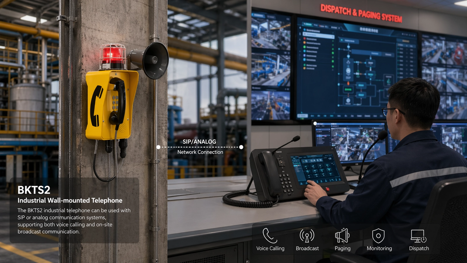 Telefone industrial de parede SIP/analógico BKTS2 integrado a sistemas de despacho e difusão