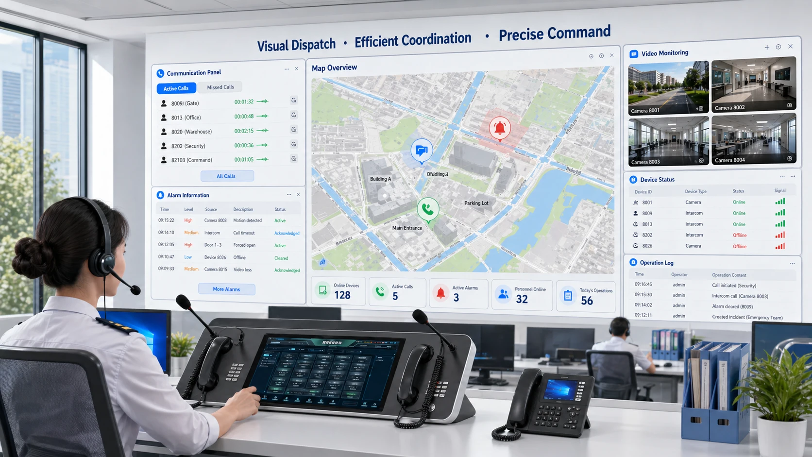 Sistema de despacho visual com controle por mapa, vídeo ao vivo, painéis de comunicação SIP e janelas de alarme