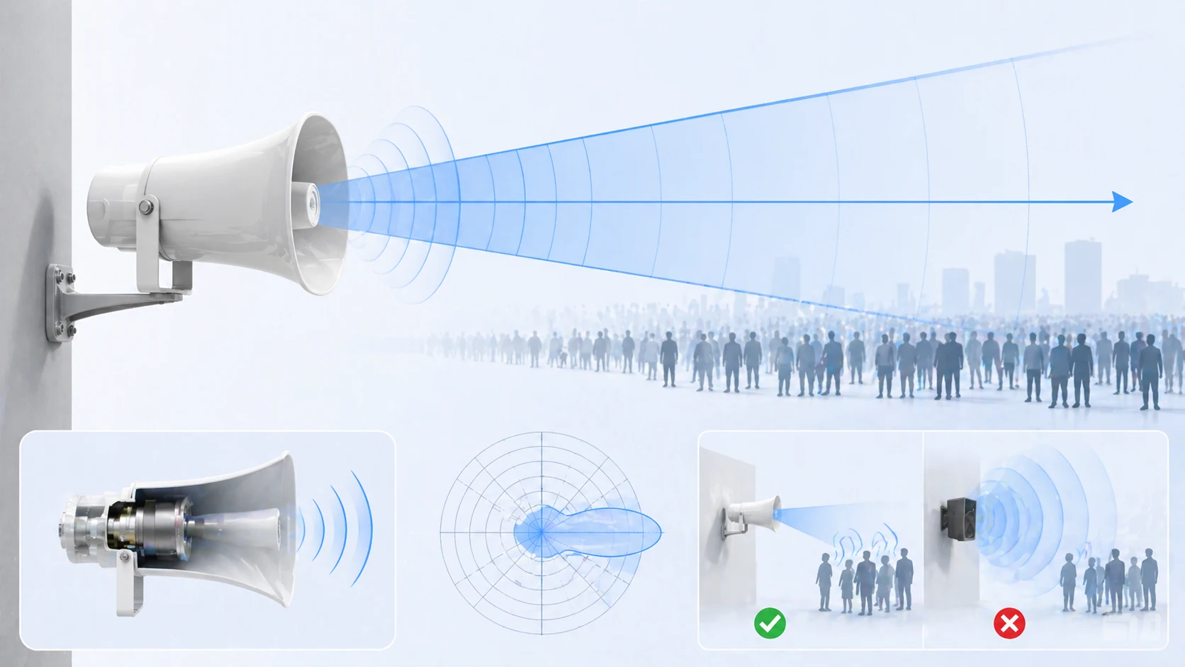 Alto-falante de corneta mostrando projeção sonora direcionada e cobertura vocal eficiente em local externo