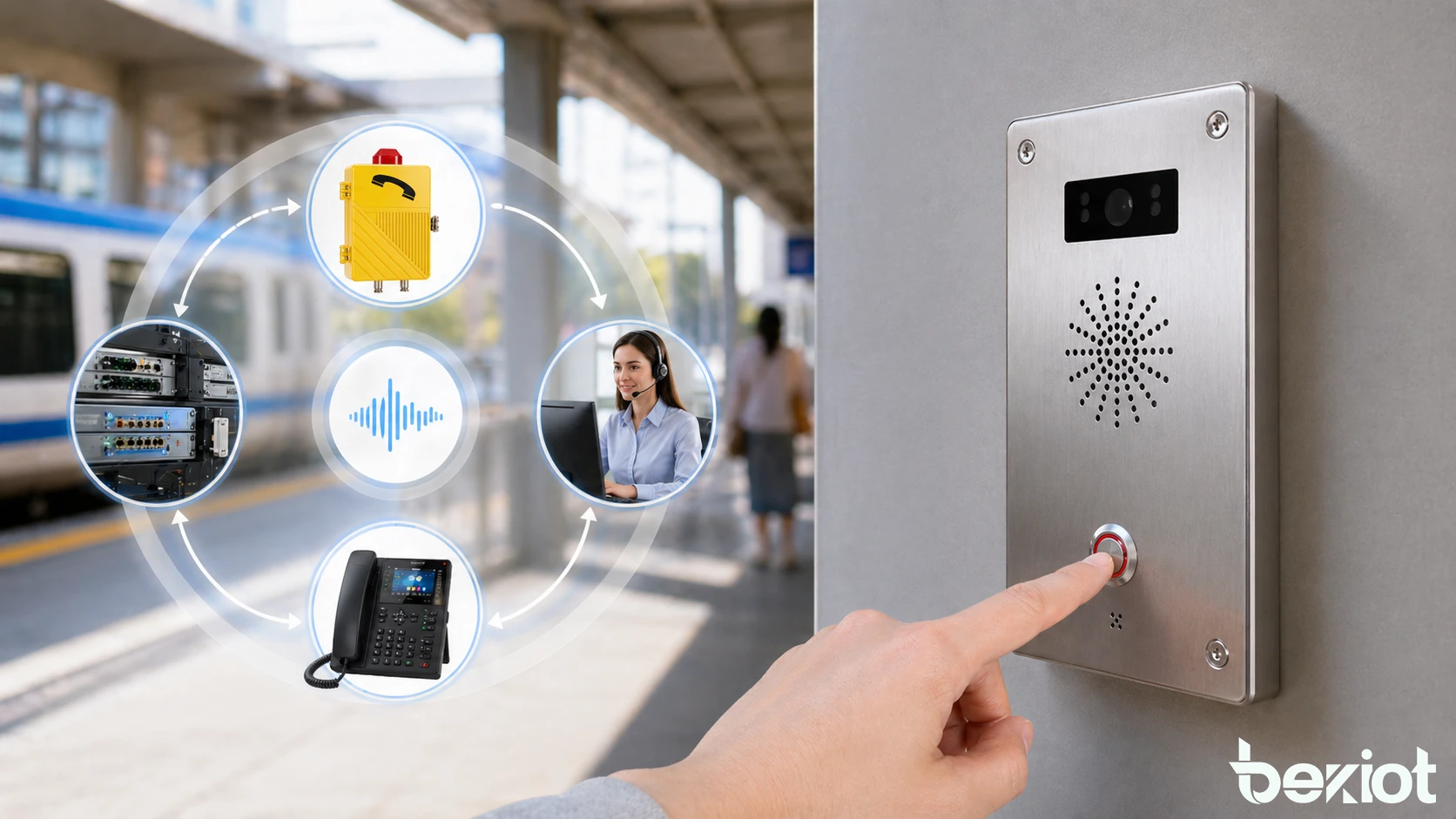 Terminal de comunicação industrial ou público com botão de chamada destacado, indicação de identidade clara e integração com central de controle
