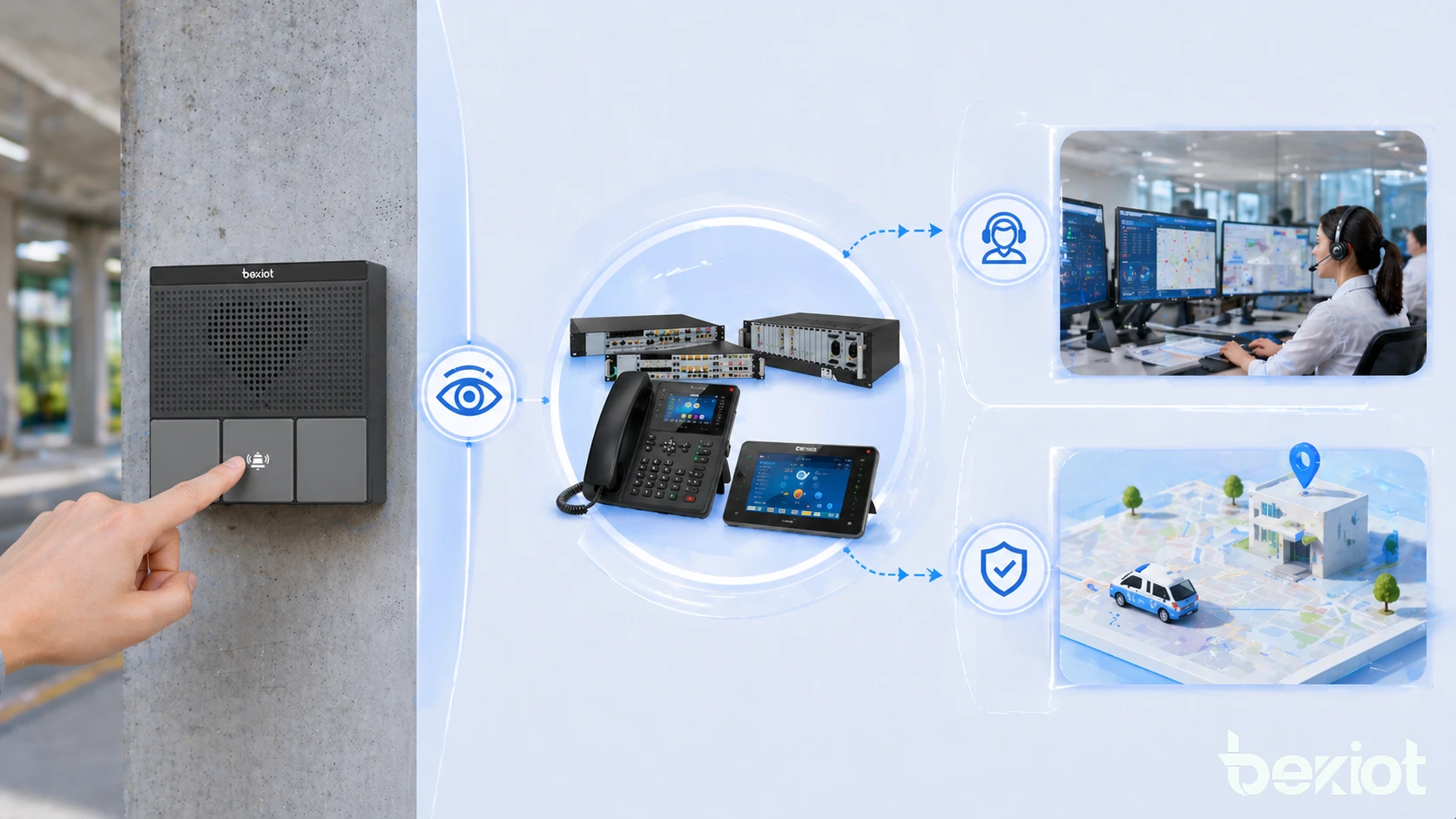 Implantação de botões de chamada em pontos de atendimento universitário, terminais de transporte, áreas industriais e estações de comunicação de emergência