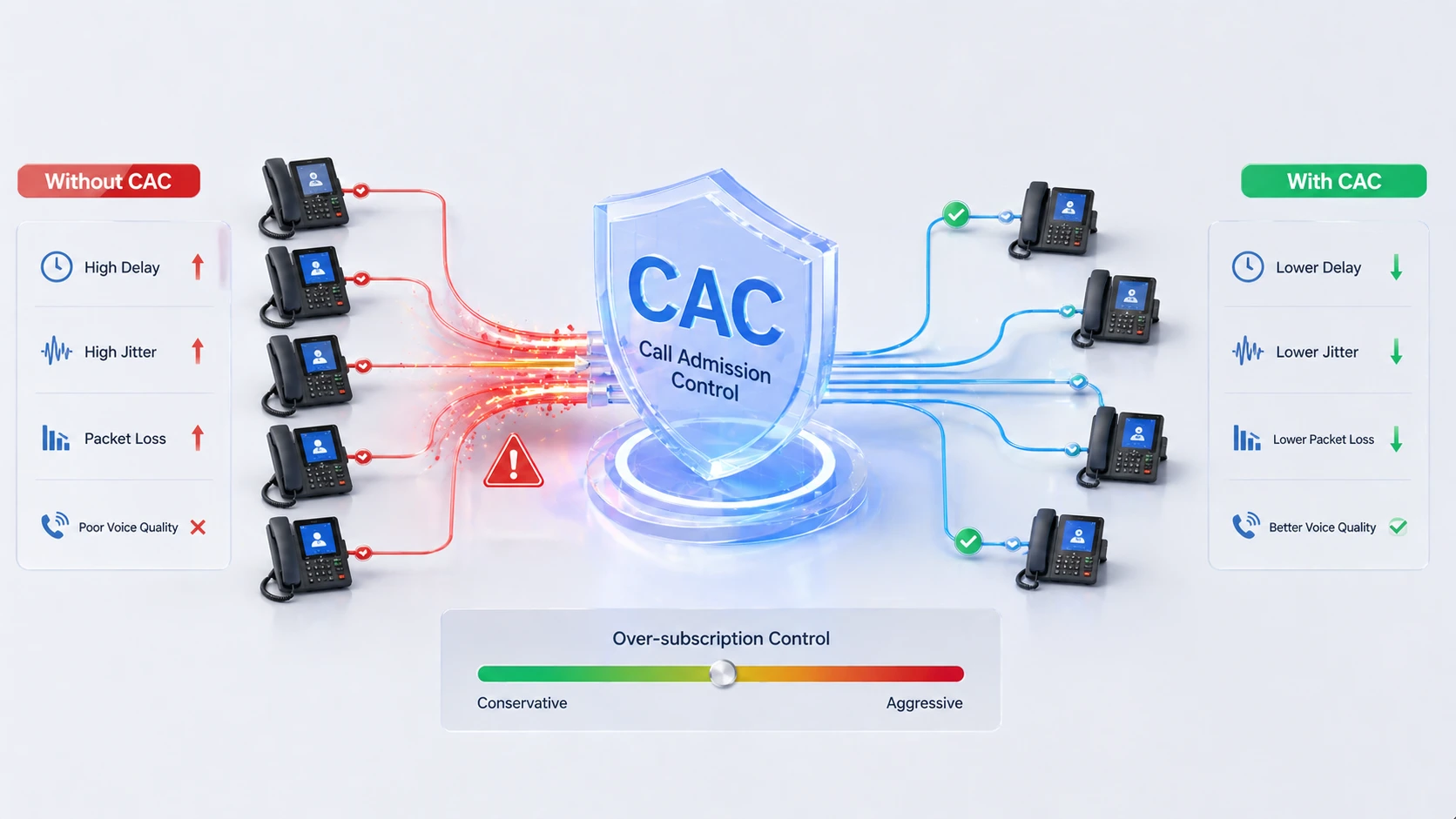 CAC reduzindo jitter, atrasos e perda de pacotes no tráfego VoIP empresarial em um link WAN limitado
