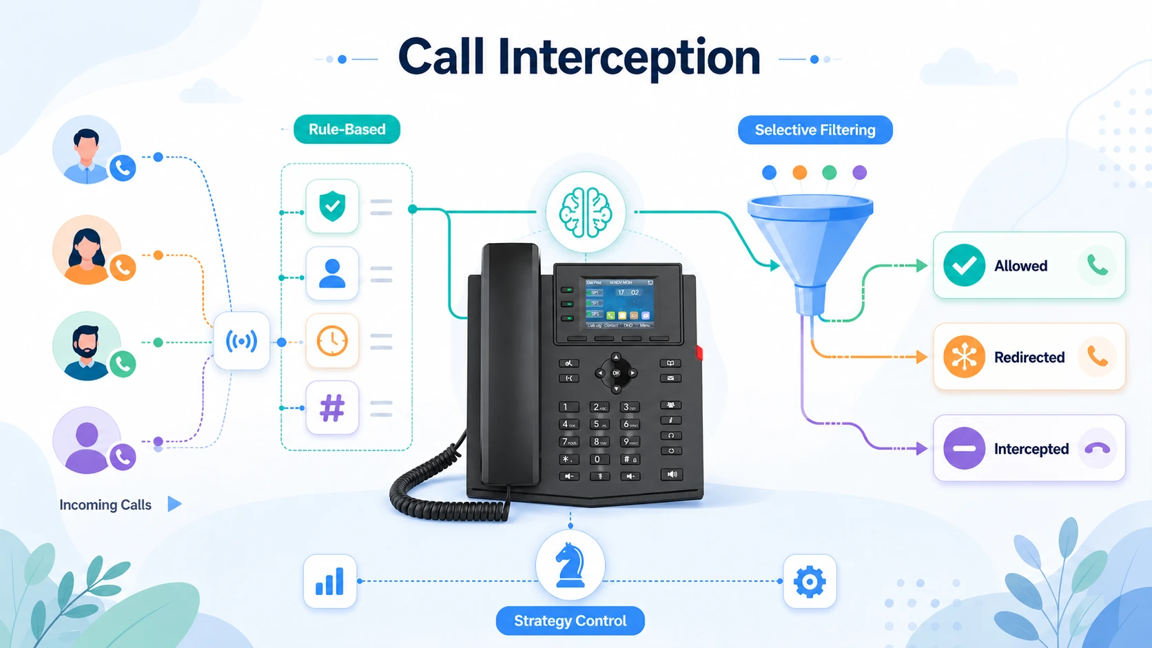 Características do bloqueio de chamadas mostradas por meio de regras de política, filtragem seletiva de números e lógica de controle de acesso telefônico