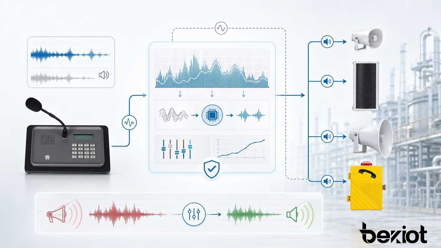 Características da supressão de microfonia com detecção automática de realimentação, filtragem adaptativa, controle de ganho e preservação da clareza da fala