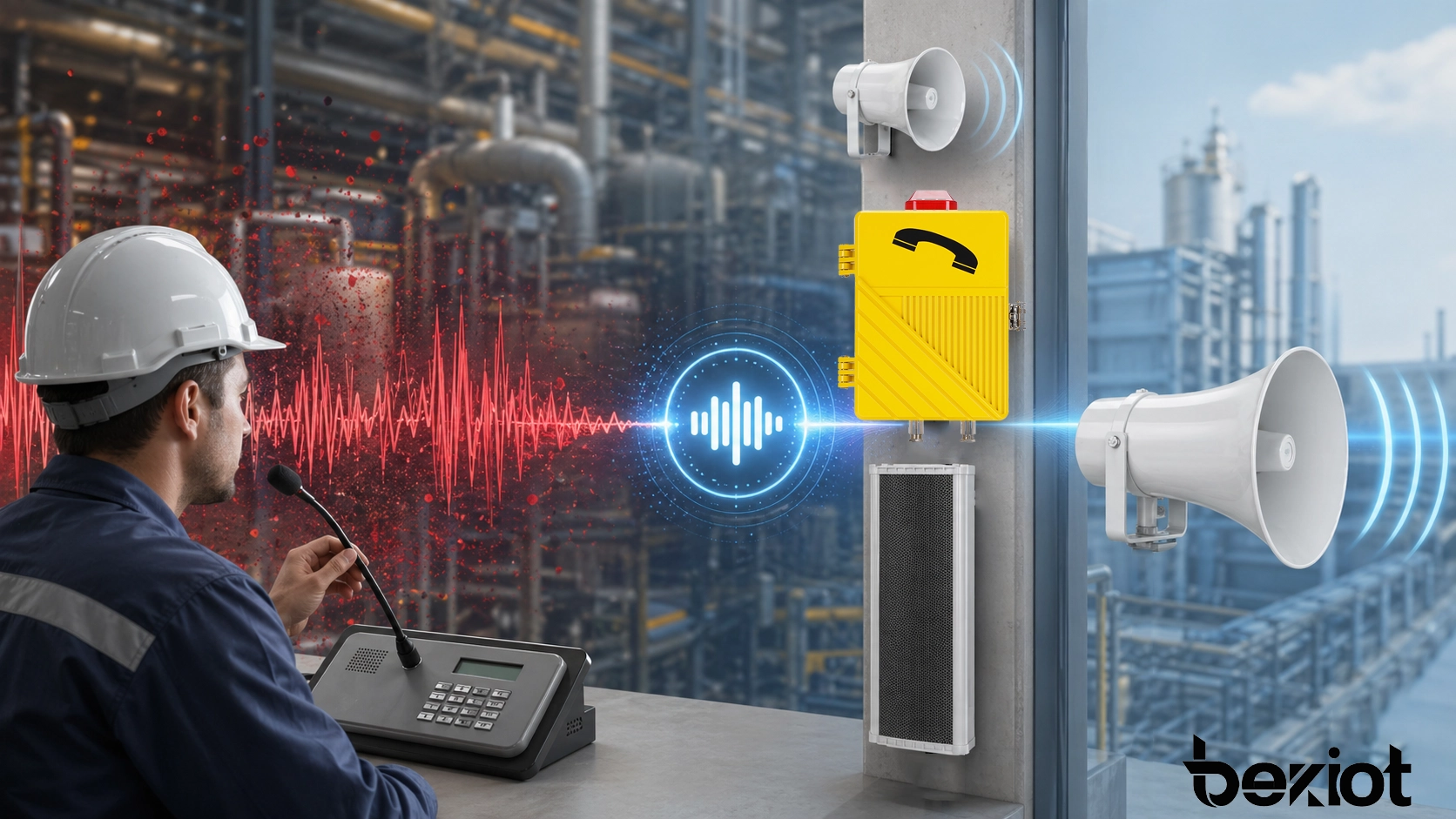 Conceito de Redução de Ruído NR mostrando o ruído de fundo sendo reduzido enquanto a fala clara permanece em um sistema de comunicação empresarial e industrial