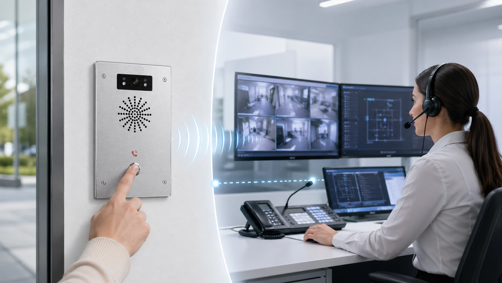 Conceito de comunicação Talkback mostrando operador de sala de controle respondendo a usuário de intercomunicação em campo por meio de sistema de voz bidirecional