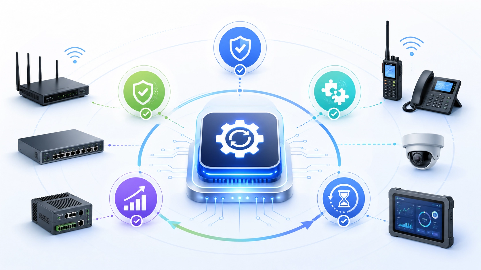 Benefícios da atualização de firmware mostrando estabilidade aprimorada, patches de segurança, atualizações de compatibilidade e otimização de funções