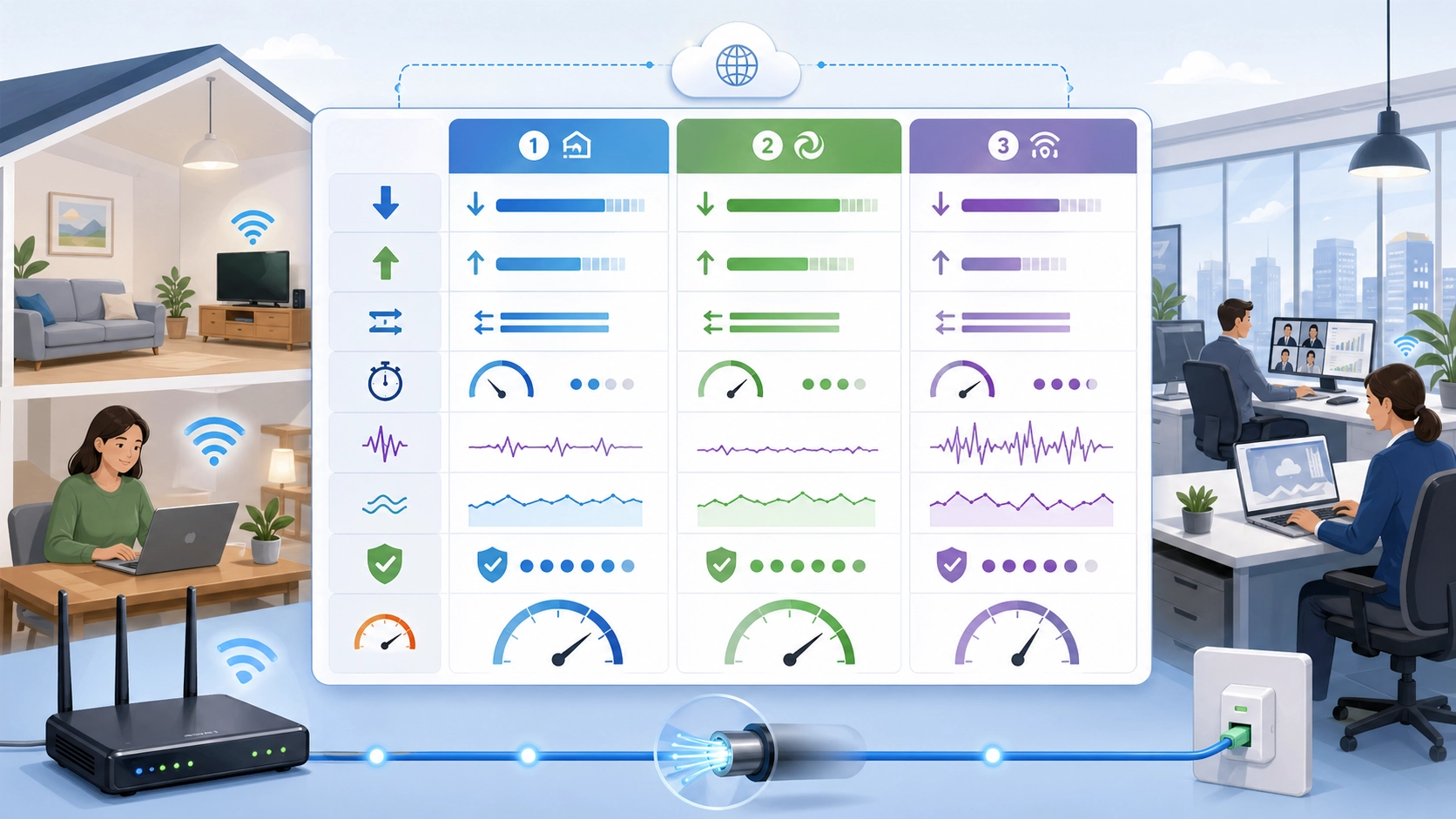 Comparação de provedores de banda larga fixa mostrando métricas de velocidade de download, velocidade de upload, latência, consistência e fiabilidade da rede