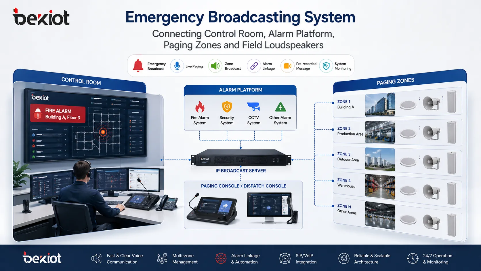 Sistema de broadcasting de emergência conectando sala de controle plataforma de alarme zonas de paging e alto-falantes de campo