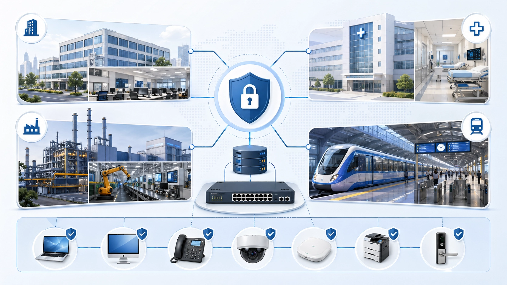 Aplicaciones de 802.1X en escritórios corporativoes, redees de campus, hospitais, sitios industriales, transporte, teléfonos IP, câmeras e switches de acesso