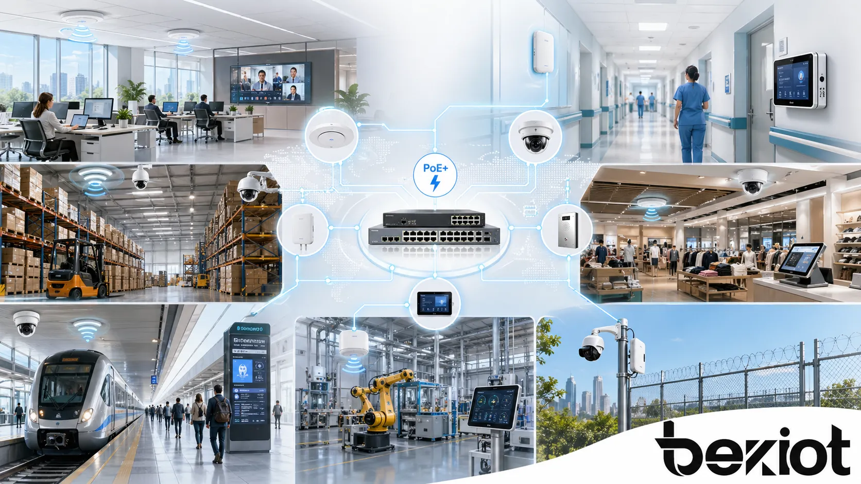 Aplicações do PoE+ en oficinas, campus, hospitales, almacenes, tiendas, sitios de transporte, instalaciones industriales y redes exteriores de seguridad