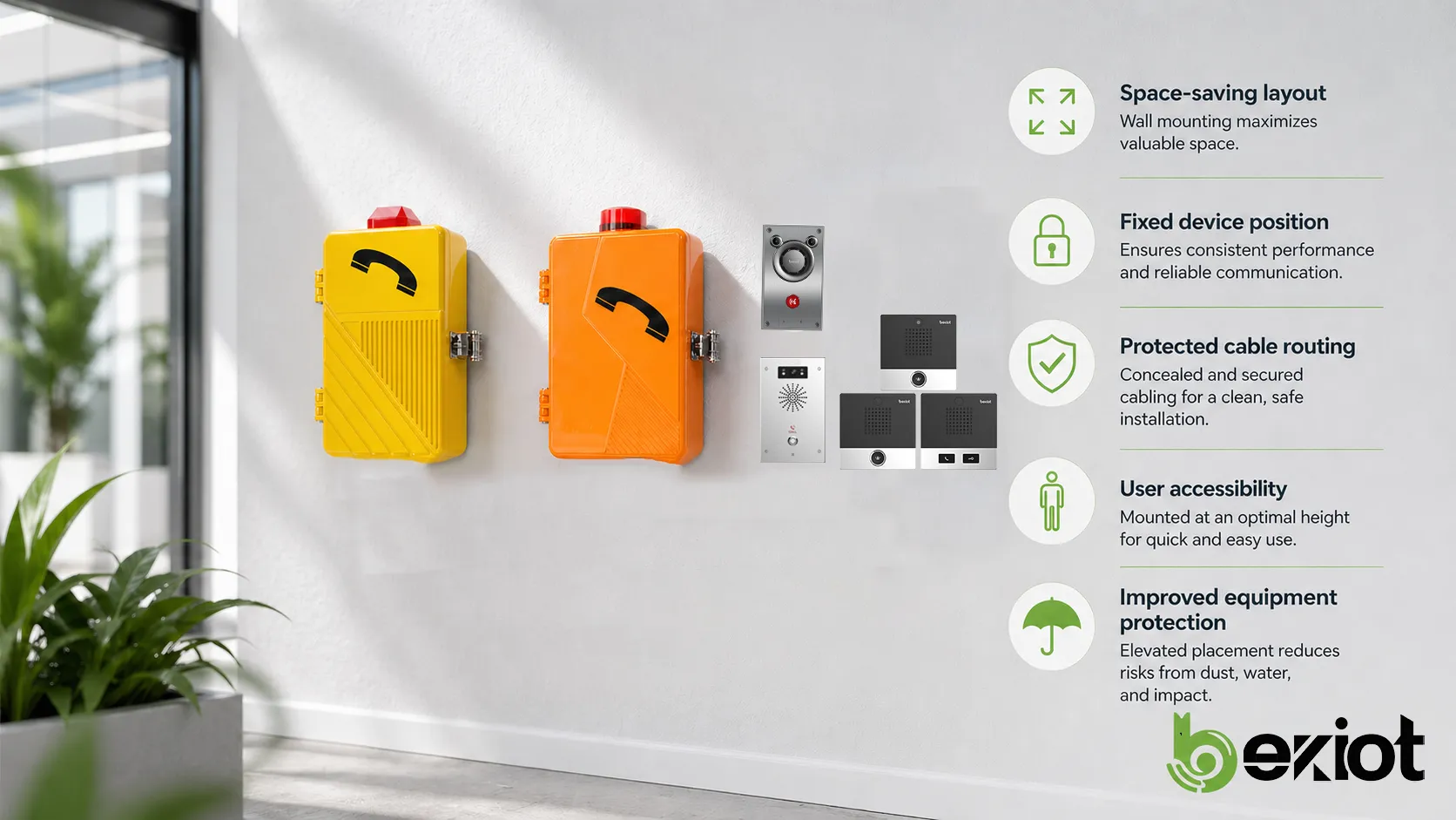 Características da montagem em parede mostrando economia de espaço, posição fixa, roteamento de cabos protegido, acessibilidade do usuário e proteção do equipamento