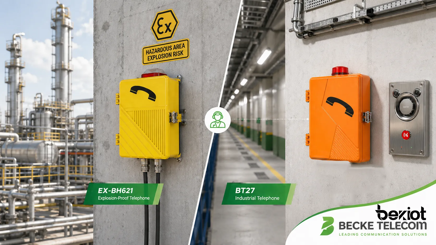Telefone à prova de explosão Becke Telcom EX-BH621 e telefone industrial BT27 montados em cenários de comunicação de área perigosa e instalação industrial