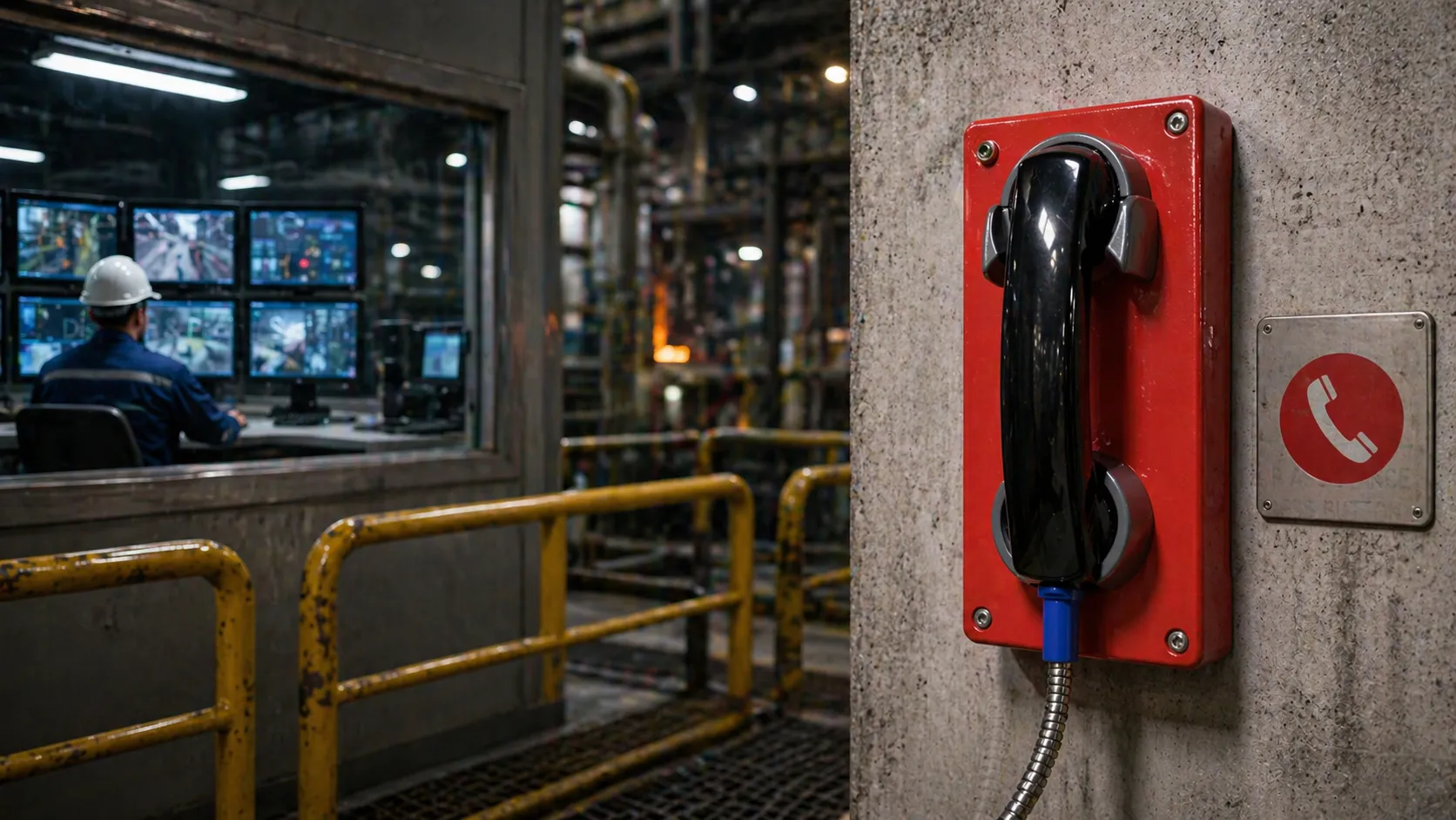 Telefone antivandalismo usado em site industrial conectado ao despacho da sala de controle e ao sistema de paging