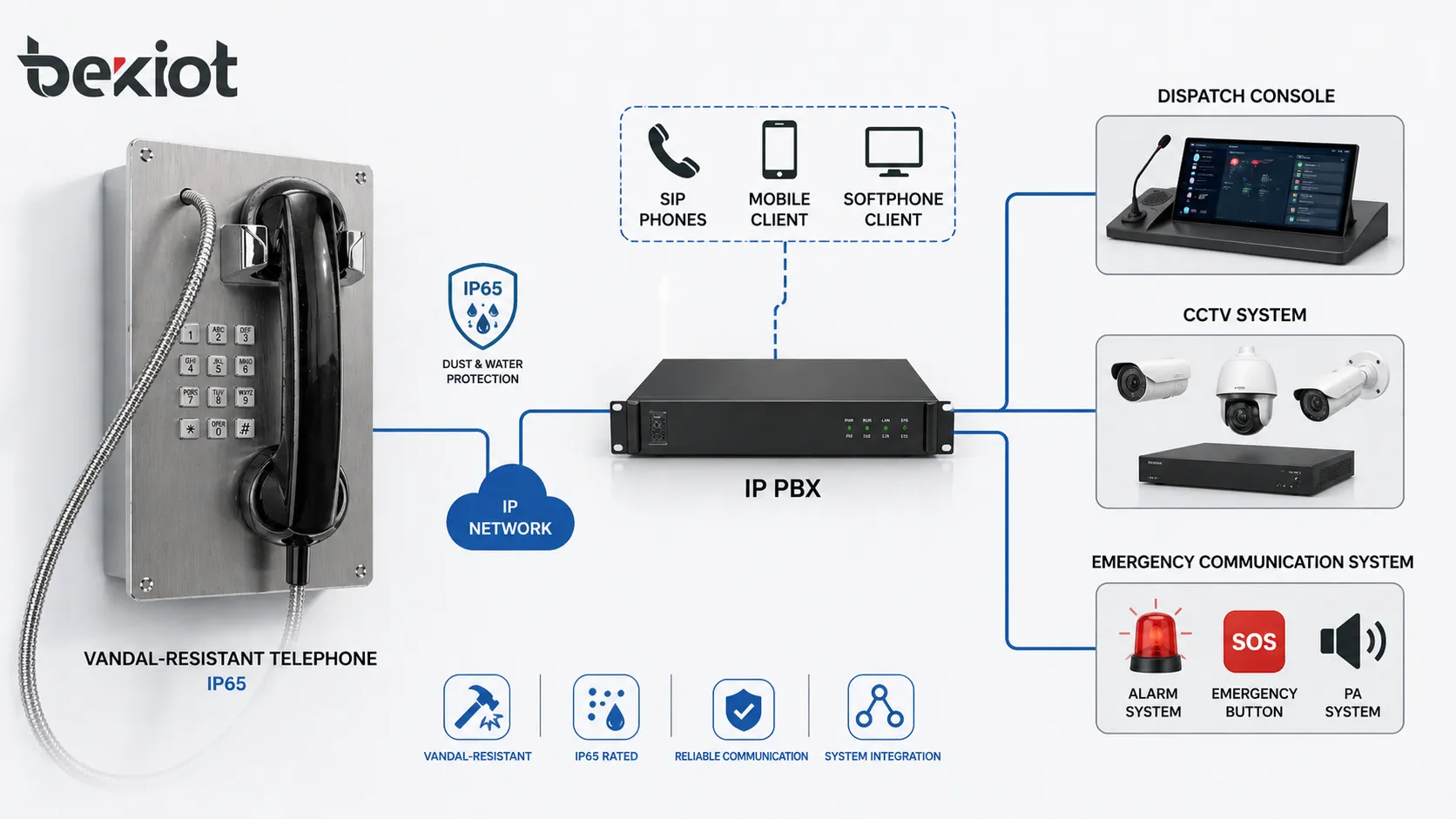 Telefone antivandalismo BT22 conectado a IP PBX console de despacho CCTV e arquitetura de comunicação de emergência