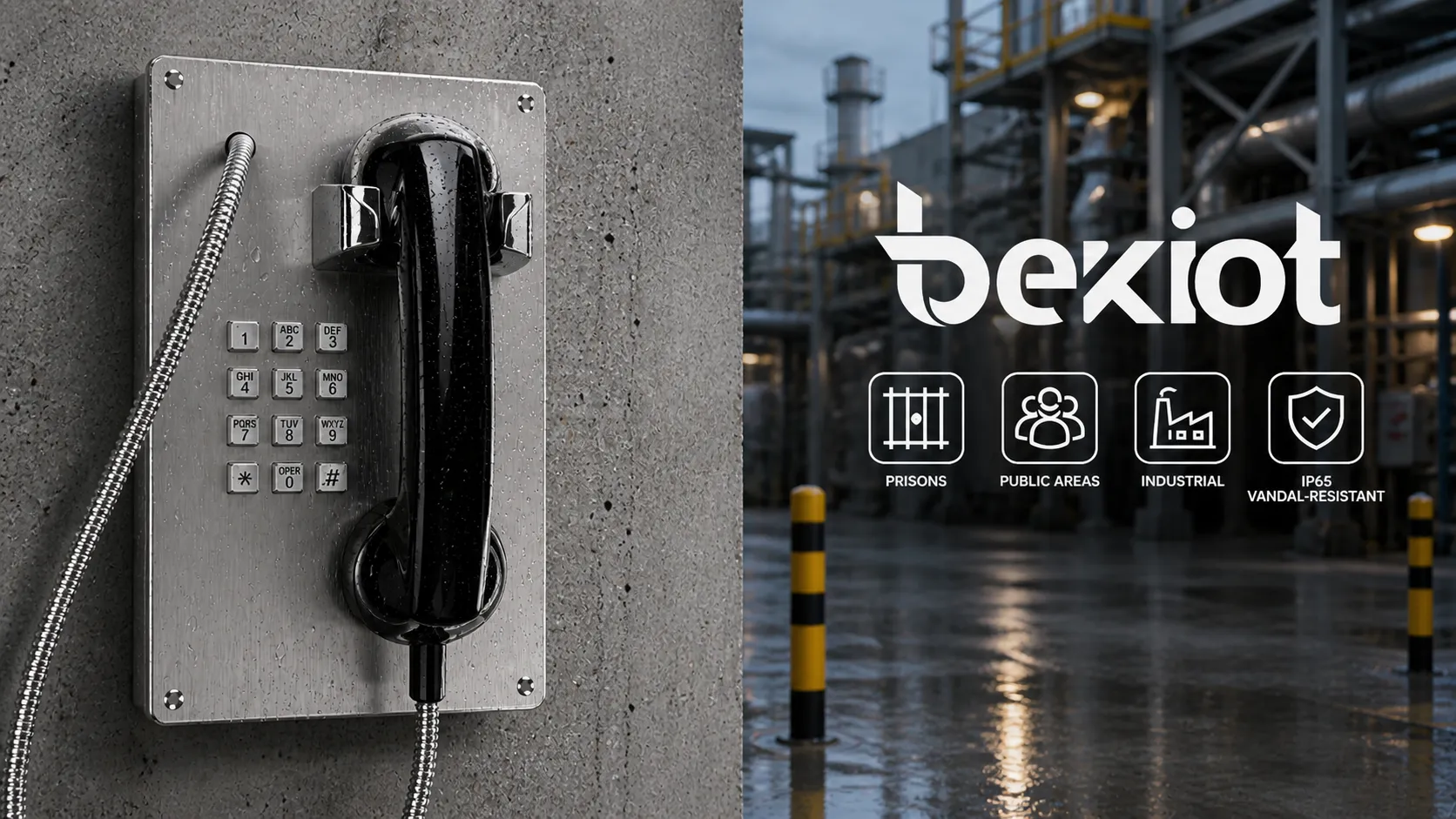 Telefone antivandalismo IP65 BT22 instalado em instalação pública e ambiente industrial com proteção contra poeira e água