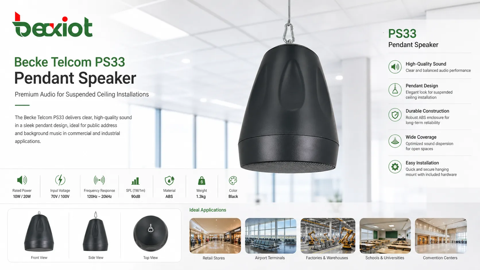 Becke Telcom PS33 Pendant Speaker para instalação de áudio suspensa no teto