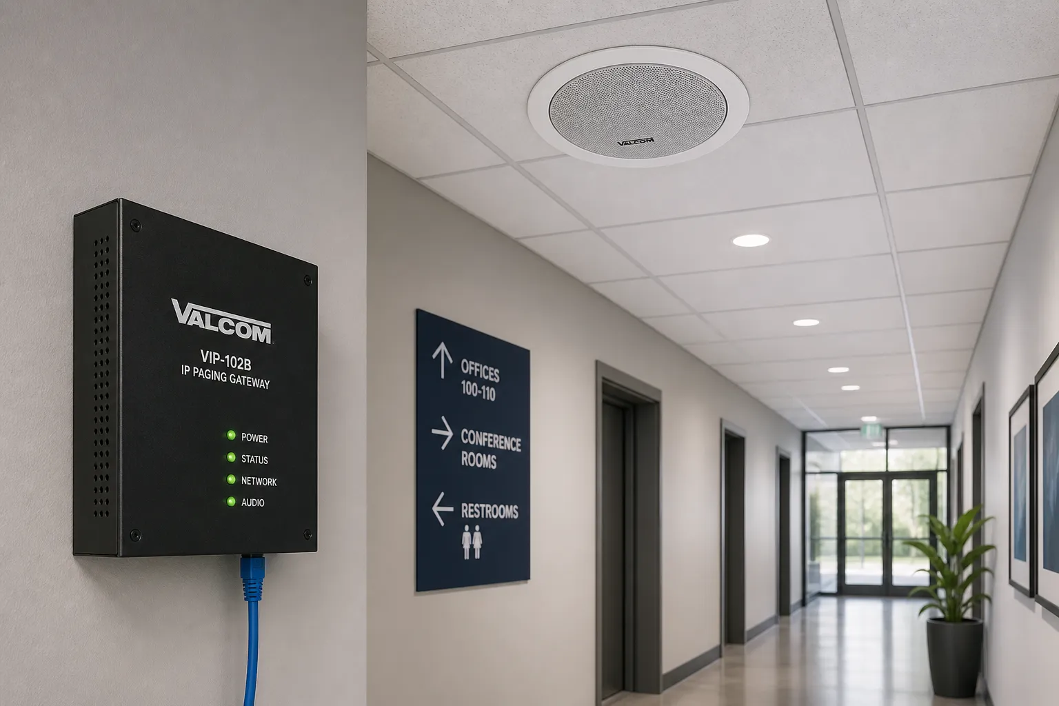 Gateway de paging IP Valcom e alto-falante de teto instalados em um corredor moderno, representando soluções de áudio em rede escaláveis
