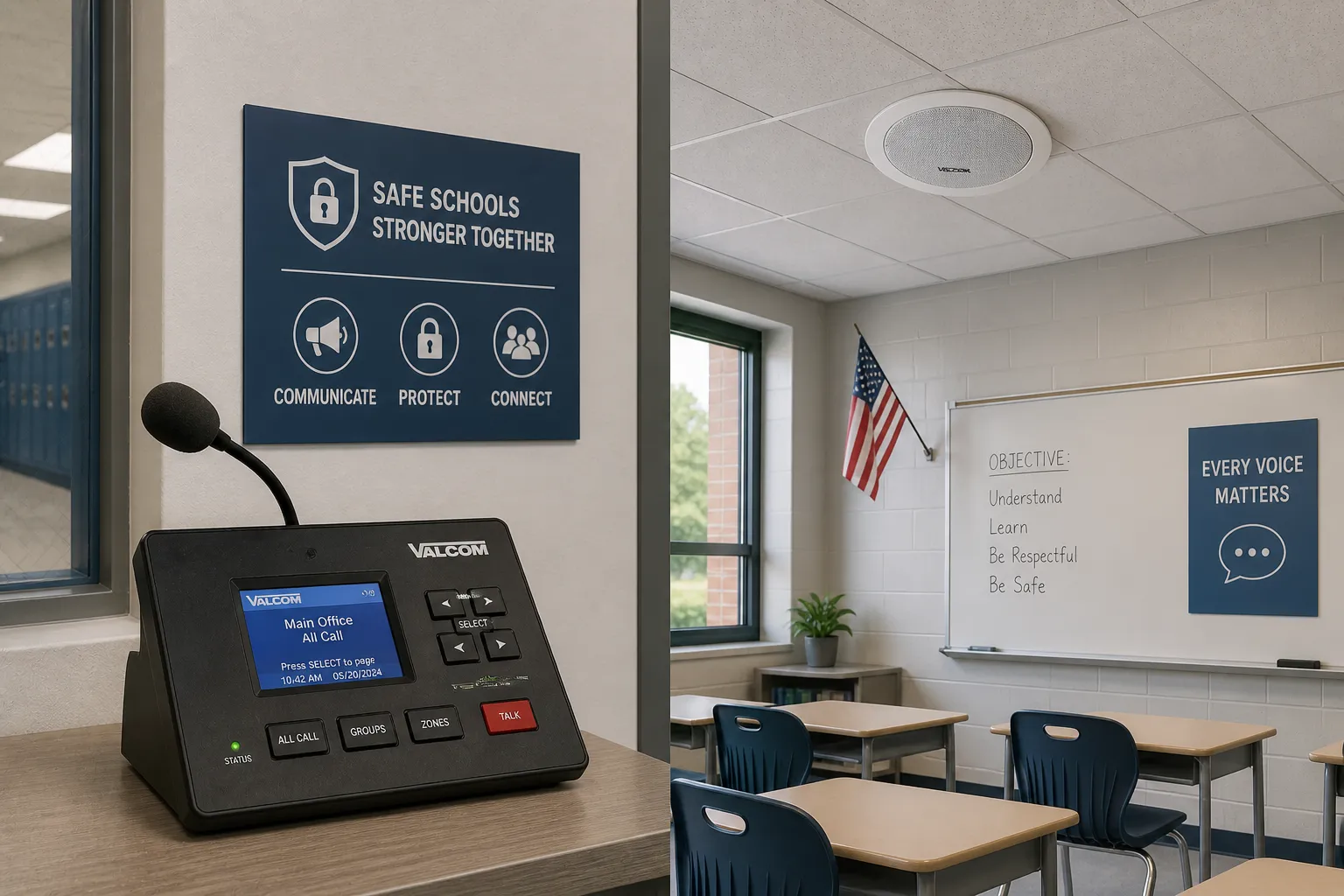 Console de paging Valcom e alto-falante de sala de aula usados para segurança escolar e comunicação integrada