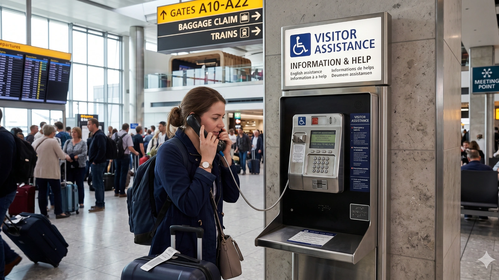Telefone para área pública usado para assistência a visitantes em um centro de transporte