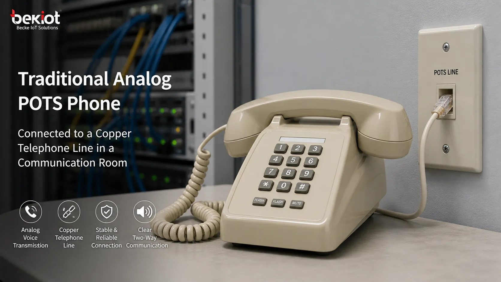 Telefone POTS analógico tradicional conectado a uma linha telefônica de cobre em uma sala de comunicação