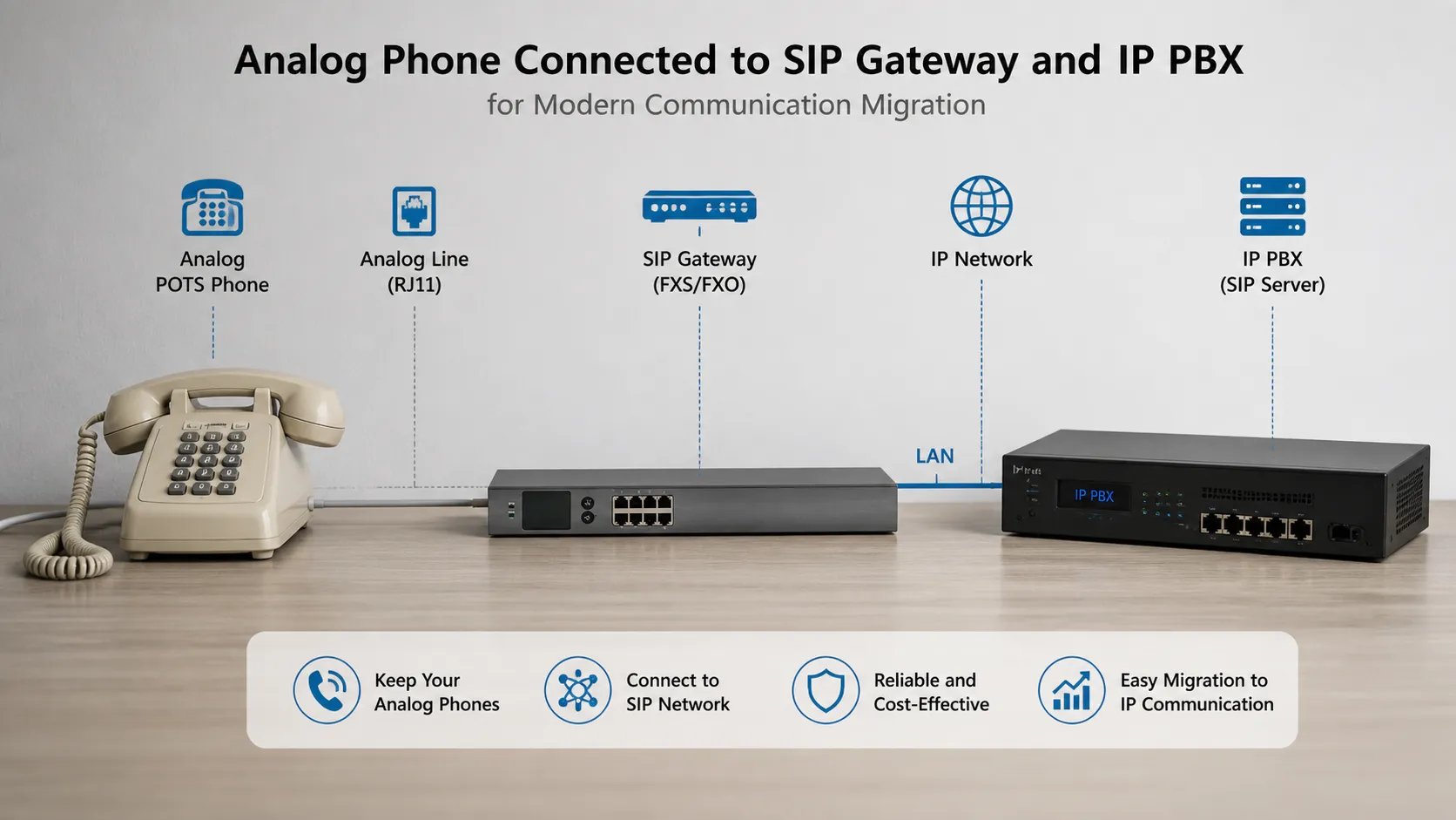 Telefone POTS analógico conectado a um gateway SIP e IP PBX para migração moderna de comunicação