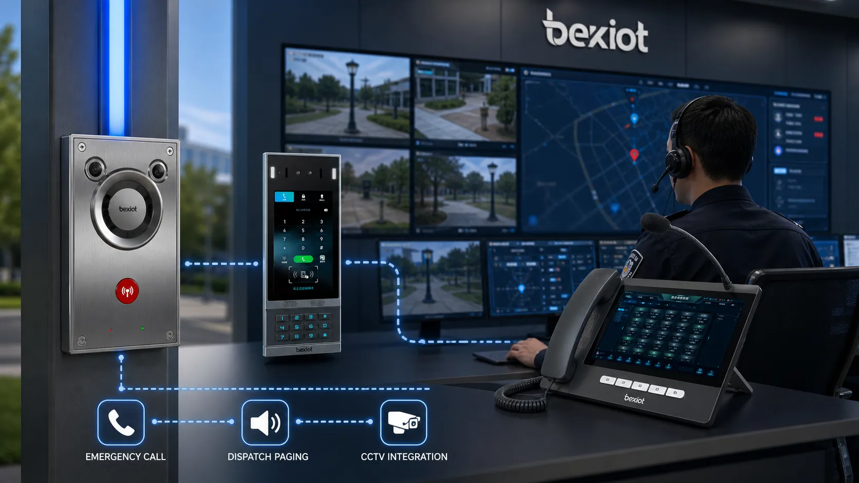 Sala de controle monitorando telefones de luz azul com despacho de emergência, sonorização e integração CCTV