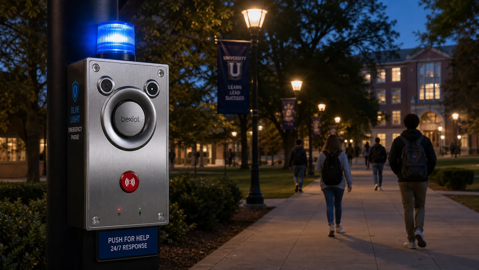 Telefone de emergência de luz azul instalado em uma passarela universitária para comunicação de segurança estudantil