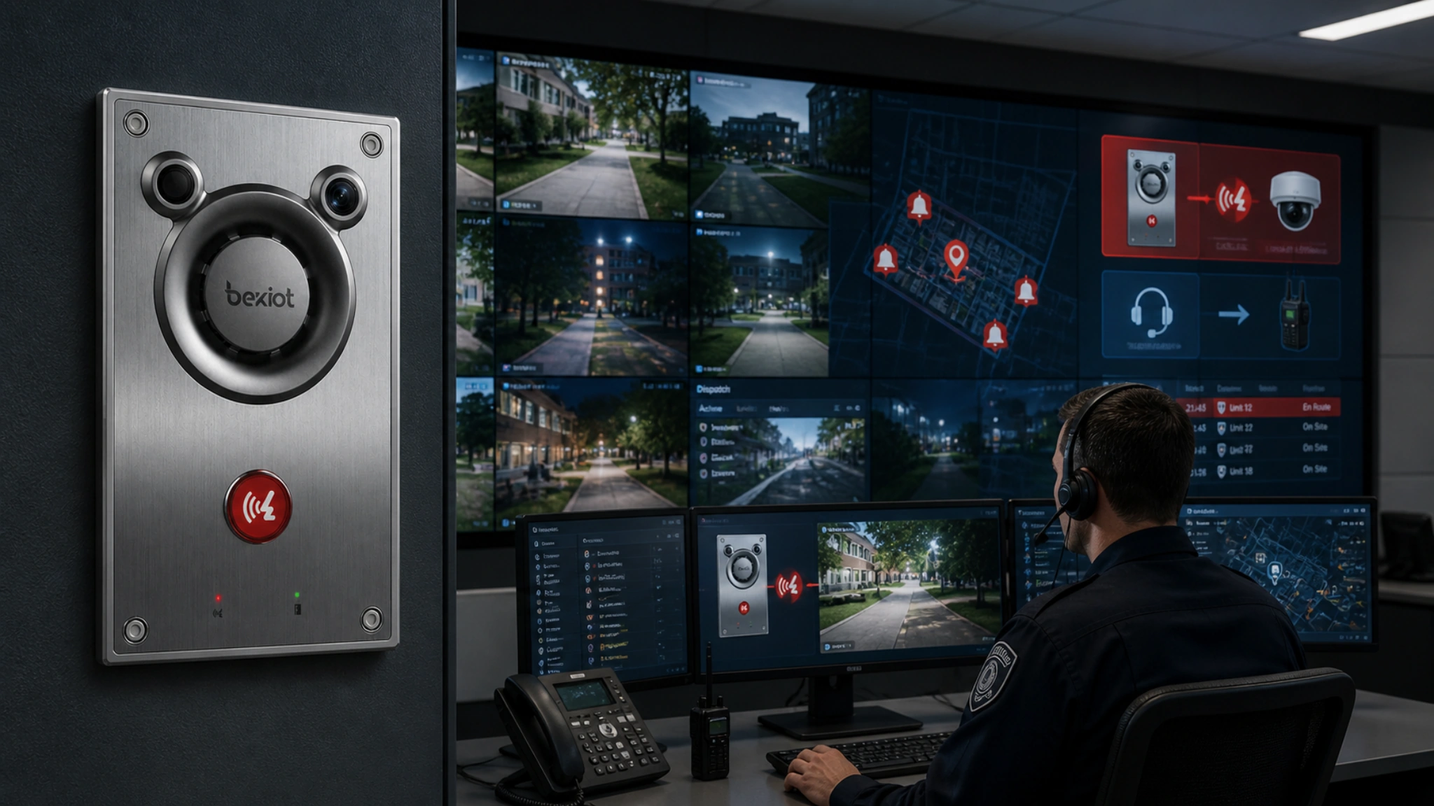 Sala de controle de segurança do campus integrando telefones de emergência, sonorização, videovigilância, integração de alarmes e sistemas de despacho