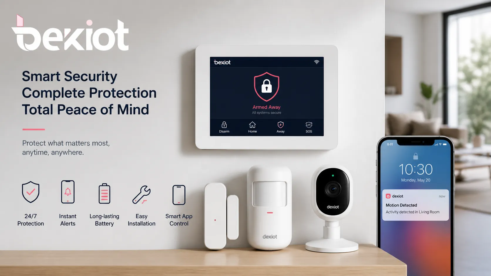 Sistema moderno de alarme residencial com painel de controle sensores de porta detector de movimento câmera e alerta móvel