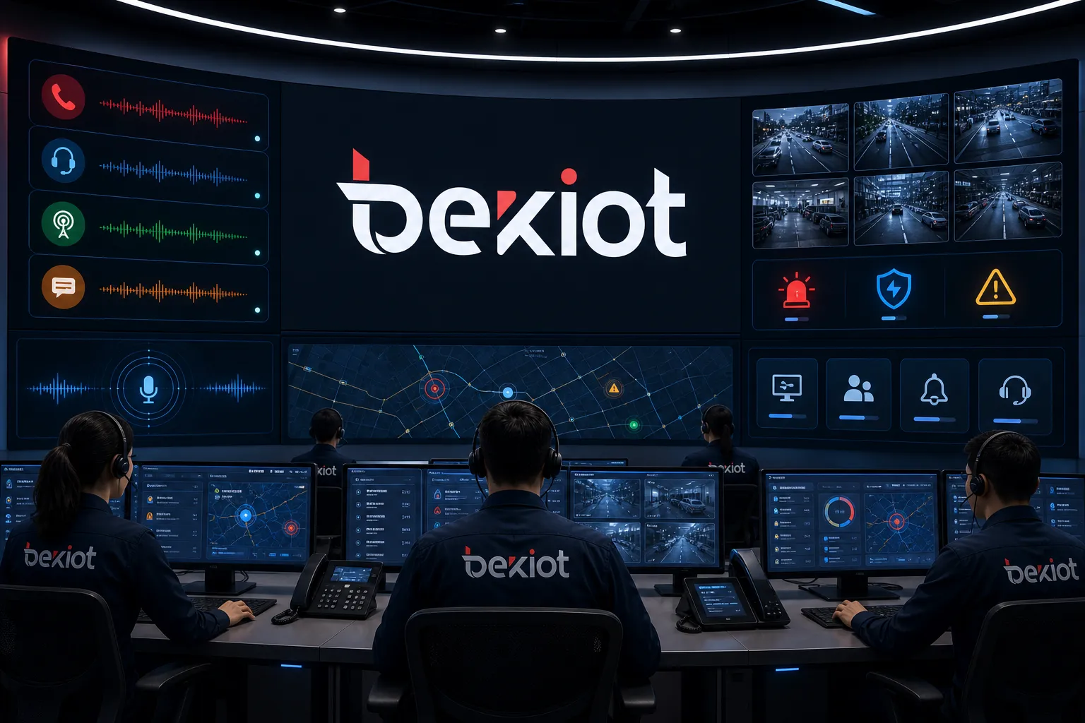 Sala de controle de sistema de comunicação de emergência integrando chamadas de emergência despacho transmissão CCTV ligação de alarmes e coordenação de resposta
