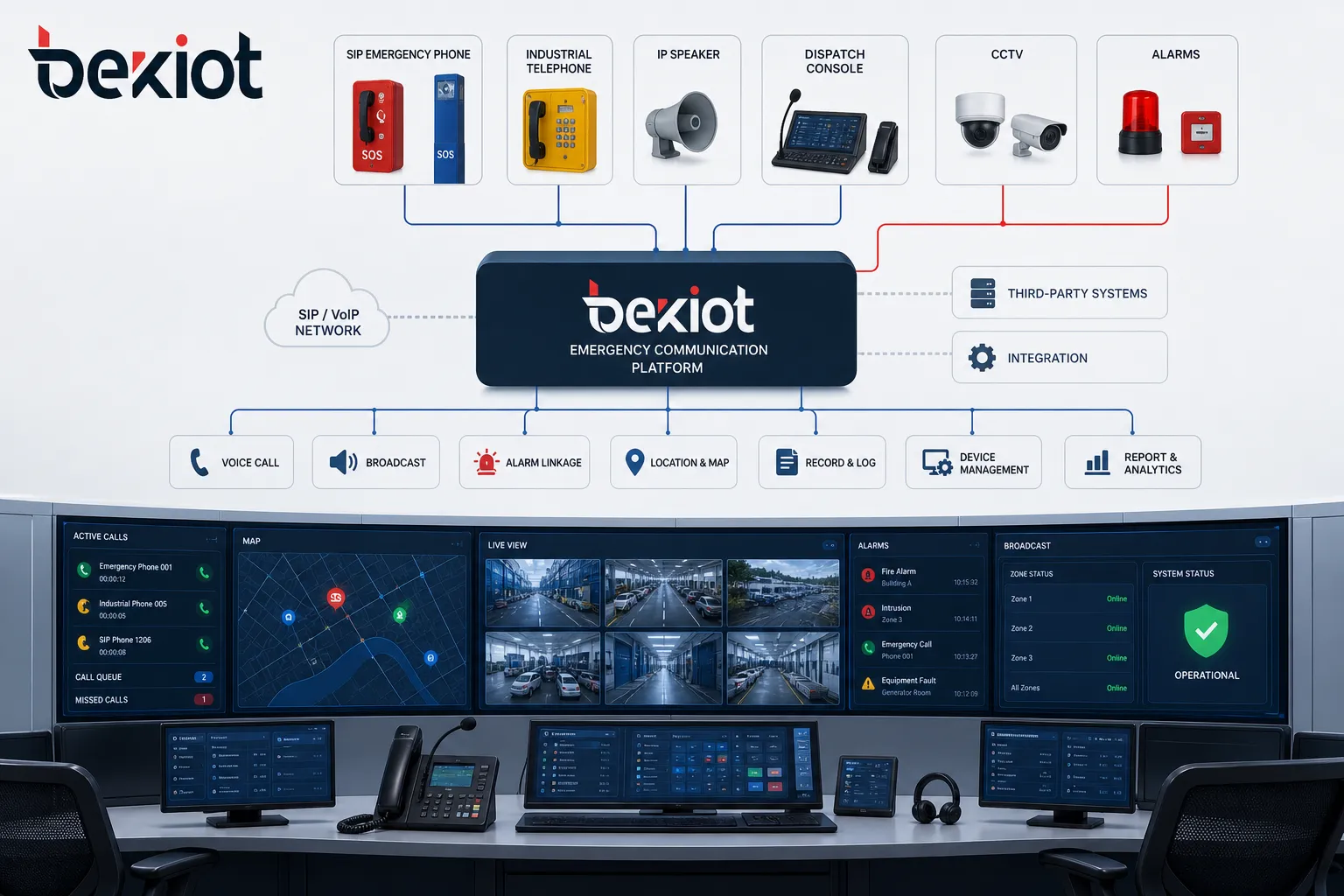 Arquitetura de sistema de comunicação de emergência conectando telefones de emergência SIP telefones industriais alto-falantes IP console de despacho CCTV alarmes e plataforma de sala de controle