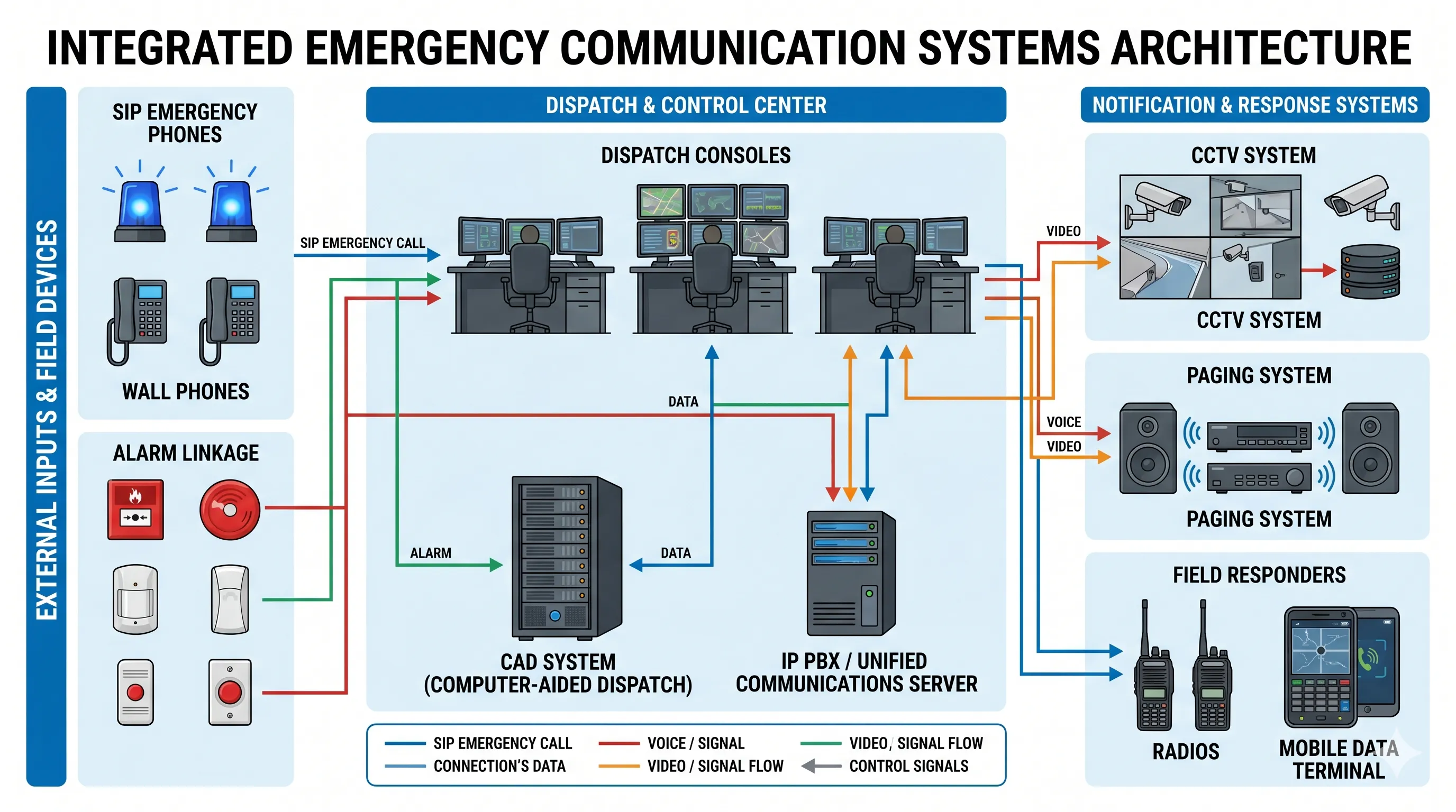 Arquitetura de comunicação de emergência conectando sistema CAD, telefones de emergência SIP, IP PBX, console de despacho, CCTV, sonorização e ligação de alarmes