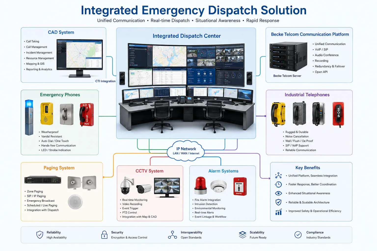 Solução integrada de despacho de emergência com sistema CAD, plataforma de comunicação Becke Telcom, telefones de emergência, telefones industriais, sonorização, CCTV e sistemas de alarme