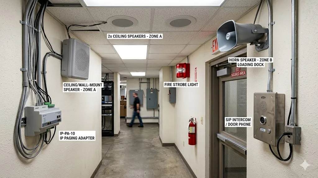 Dispositivos de paging, incluindo alto-falantes de teto, parede, cornetas, luzes estroboscópicas, intercoms SIP e adaptadores IP
