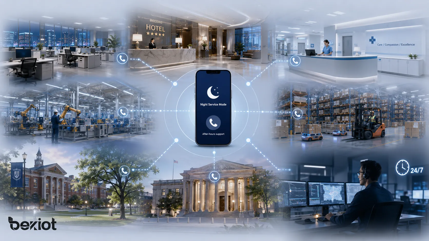 Aplicações do modo noturno em escritórios, hotéis, saúde, fábricas, armazéns, campus e edifícios públicos