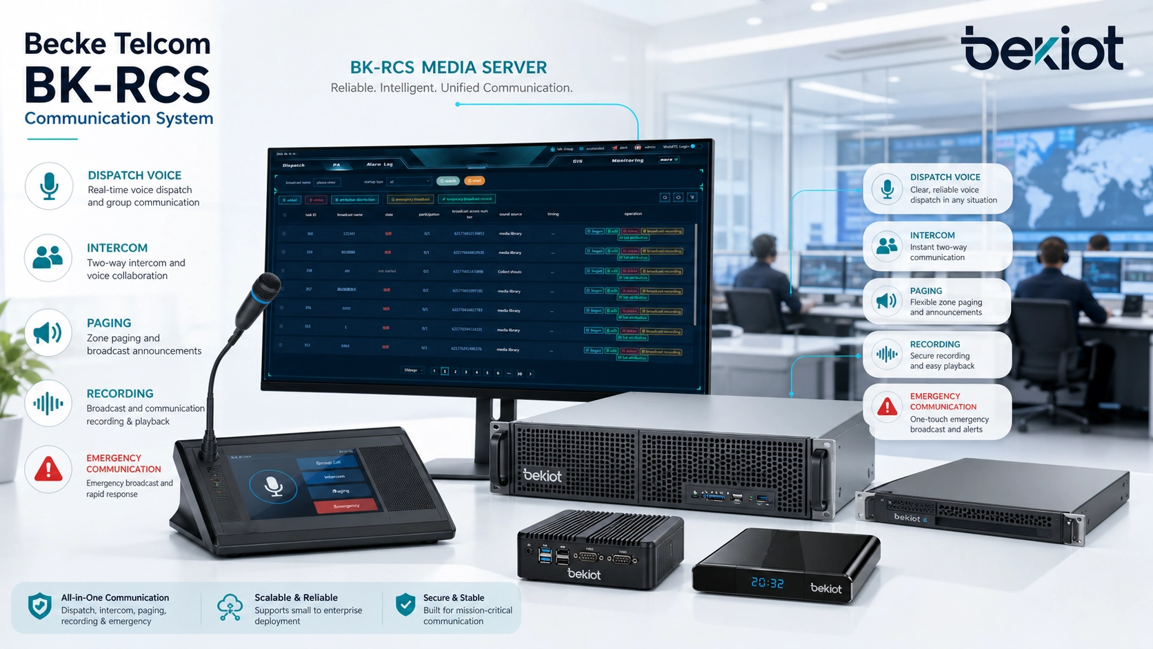 Servidor Becke Telcom BK-RCS e sistema BK-RCS com funções de mídia para despacho, intercom, paging, gravação e emergência