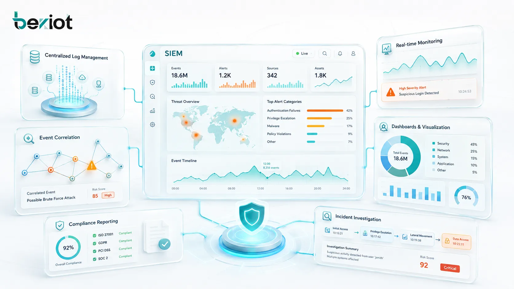 Funcionalidades do SIEM mostrando gestão centralizada de logs, monitoramento em tempo real, correlação de eventos, dashboards, relatórios de conformidade e investigação de incidentes