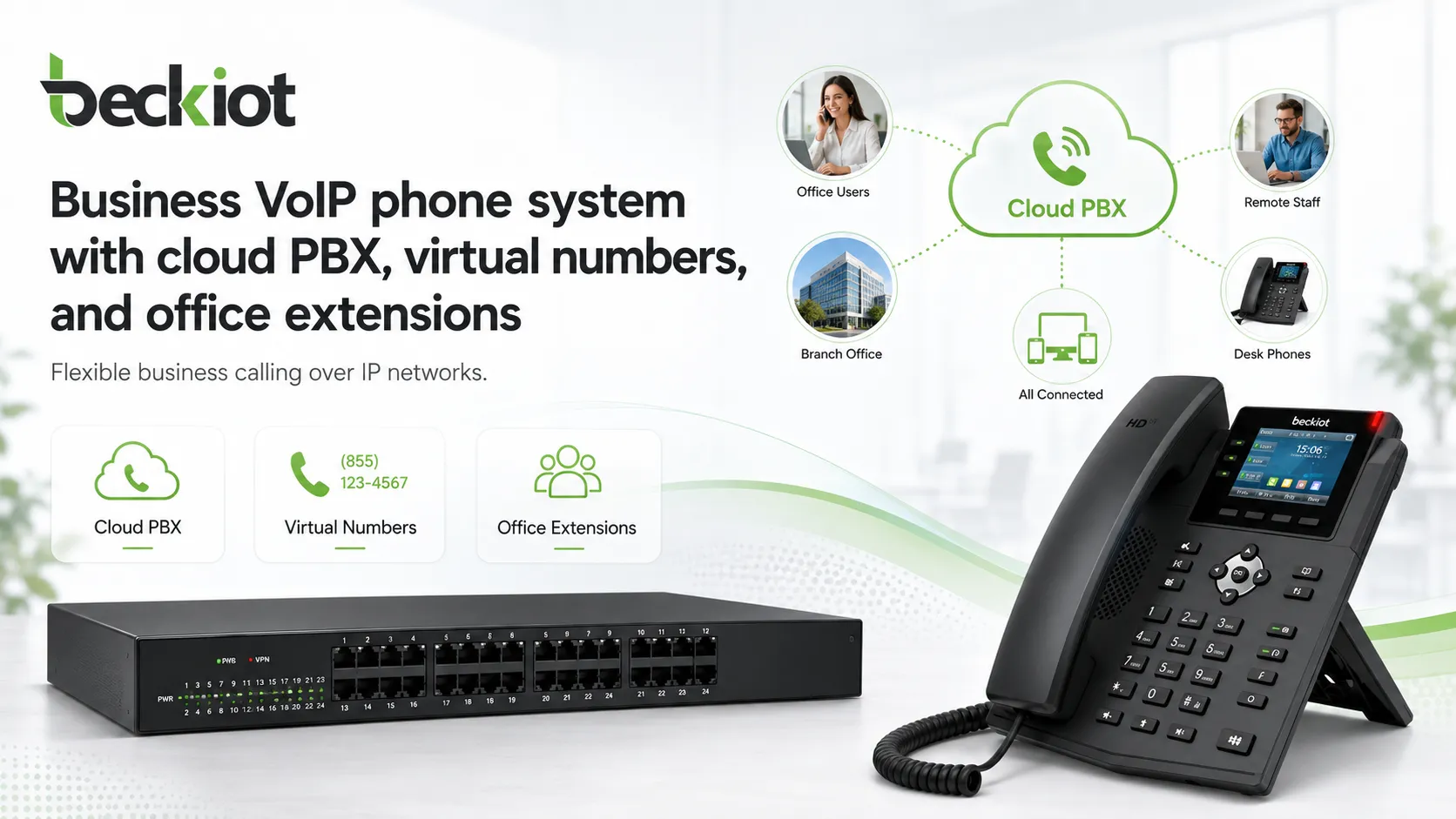 Sistema VoIP empresarial com PBX em nuvem, números virtuais e ramais de escritório