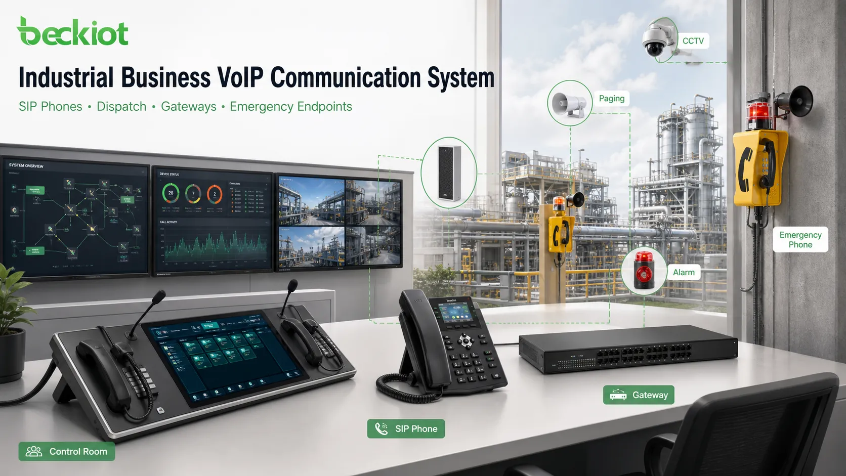 Sistema de comunicação VoIP industrial empresarial integrando telefones SIP, console de despacho, gateways e terminais de emergência