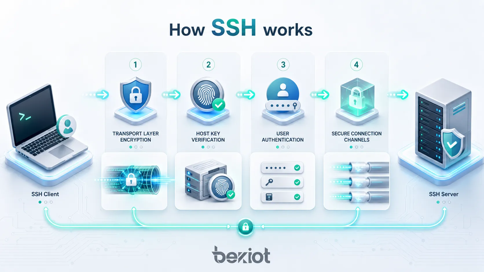 Como o SSH funciona mostrando criptografia da camada de transporte, verificação da chave de host do servidor, autenticação do usuário e canais de conexão seguros