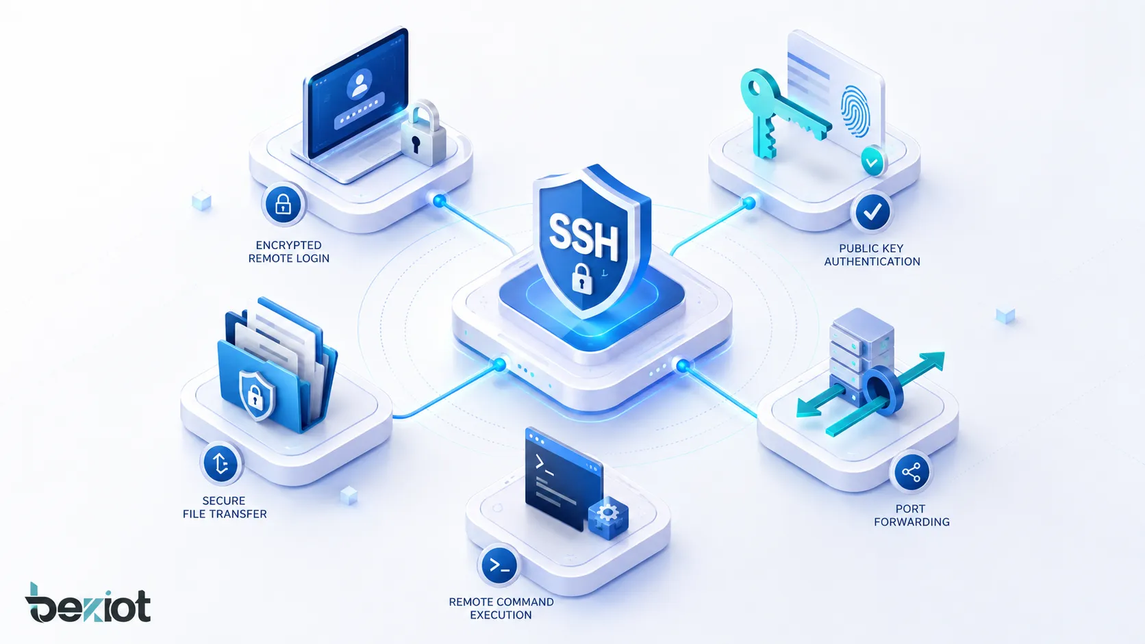 Funcionalidades do SSH mostrando login remoto criptografado, autenticação por chave pública, transferência segura de arquivos, encaminhamento de porta e execução remota de comandos