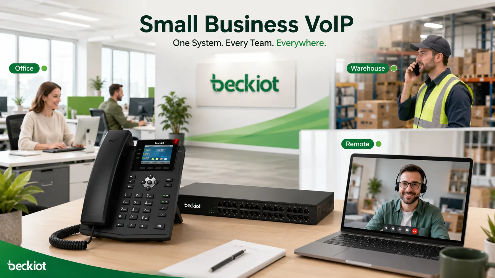 Sistema telefônico VoIP para pequenas empresas conectando usuários de escritório, equipe de armazém e funcionários remotos