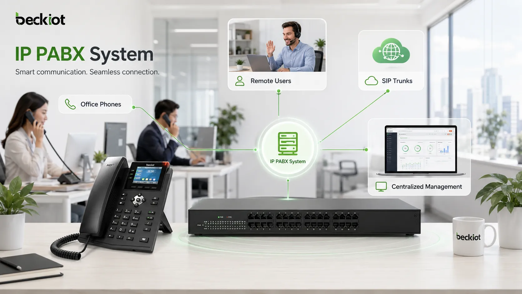 Sistema de comunicação empresarial IP PABX suportando telefones de escritório, usuários remotos, trunks SIP e gerenciamento centralizado