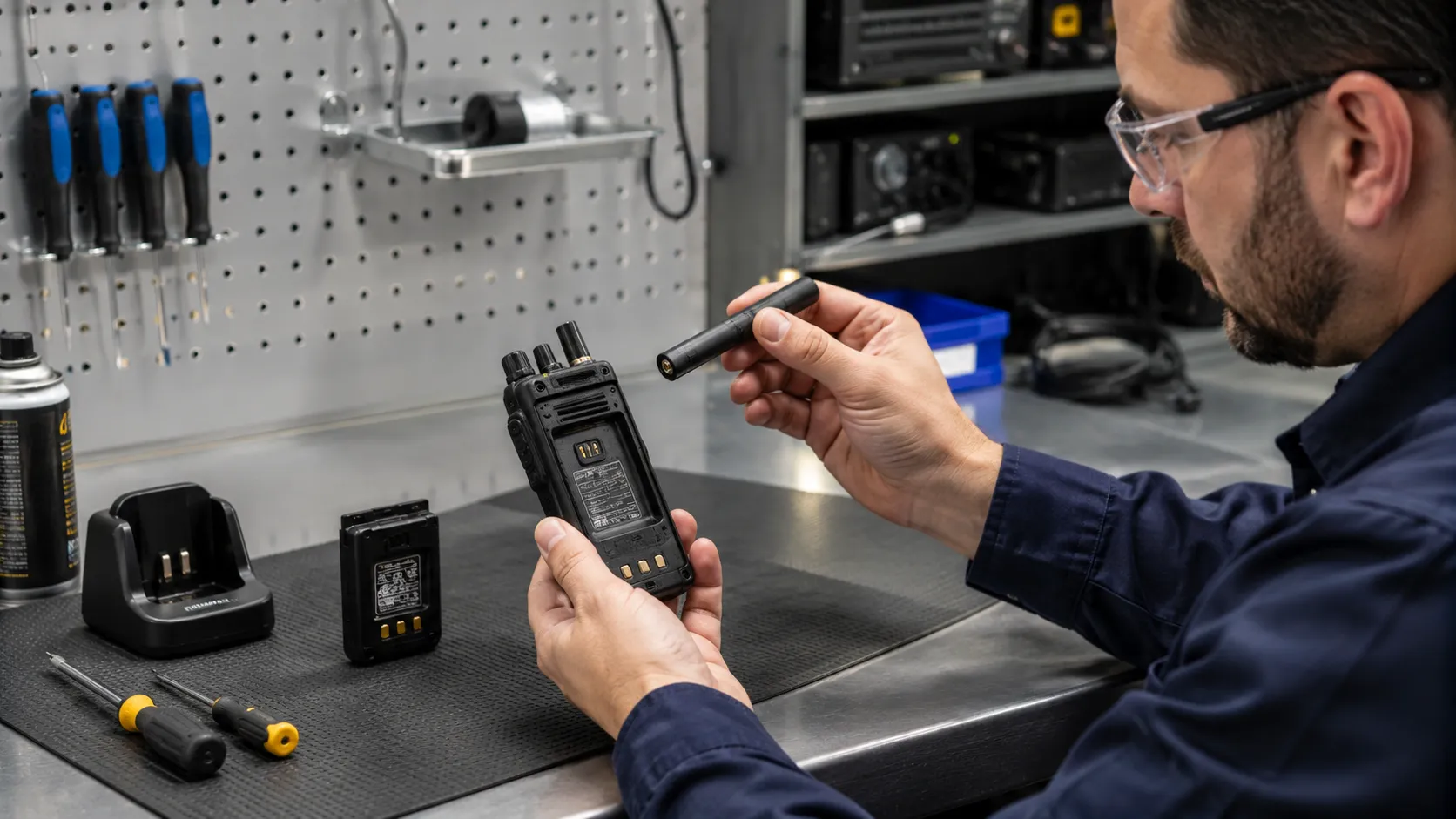Técnico inspecionando antena, contatos de bateria e carcaça impermeável de um rádio bidirecional para manutenção diária segura