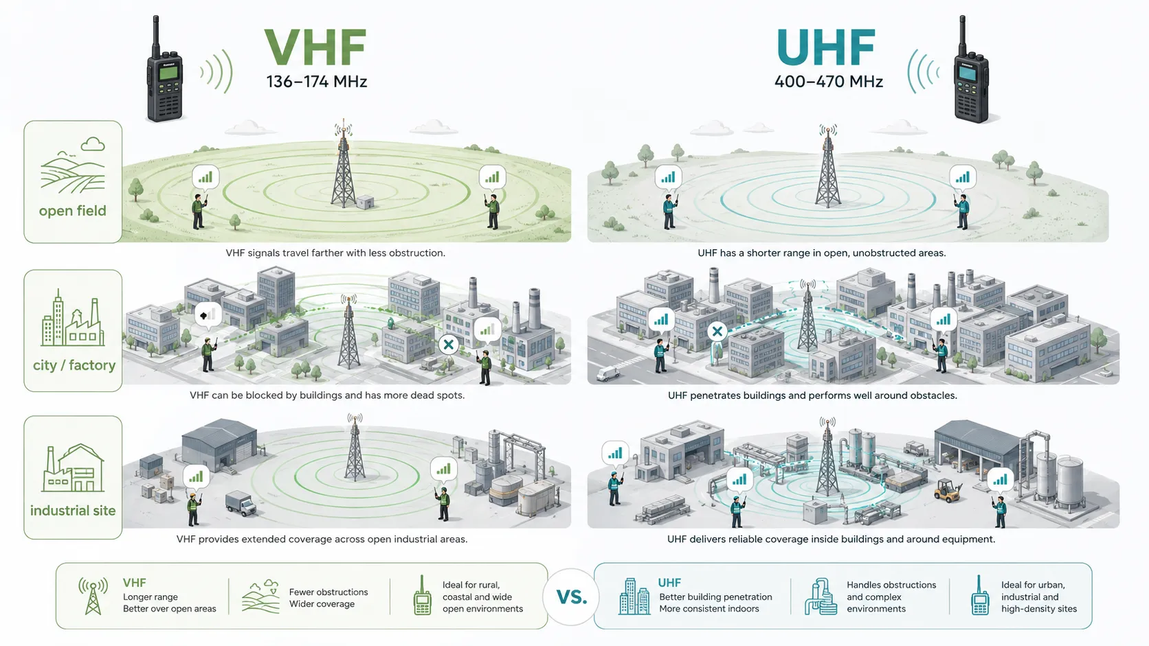 Comparação de cobertura VHF e UHF de rádios bidirecionais em fábrica cidade e campo aberto