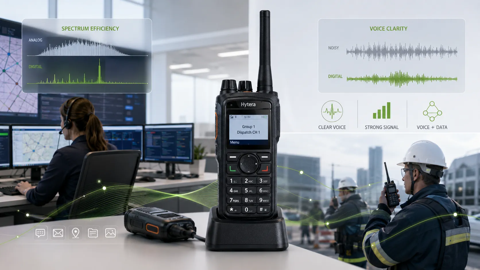 Rádio bidirecional digital otimizando eficiência espectral, clareza de voz e integração voz-dados em operações de despacho