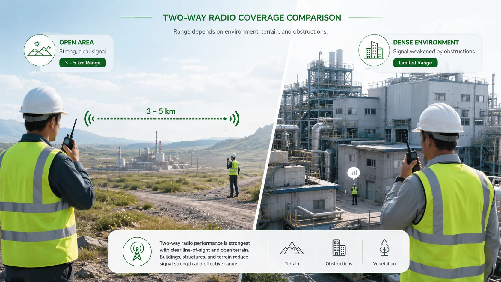 Comparação de alcance de 3 a 5 quilômetros de rádio comunicador em área aberta e atenuação de sinal em edifícios