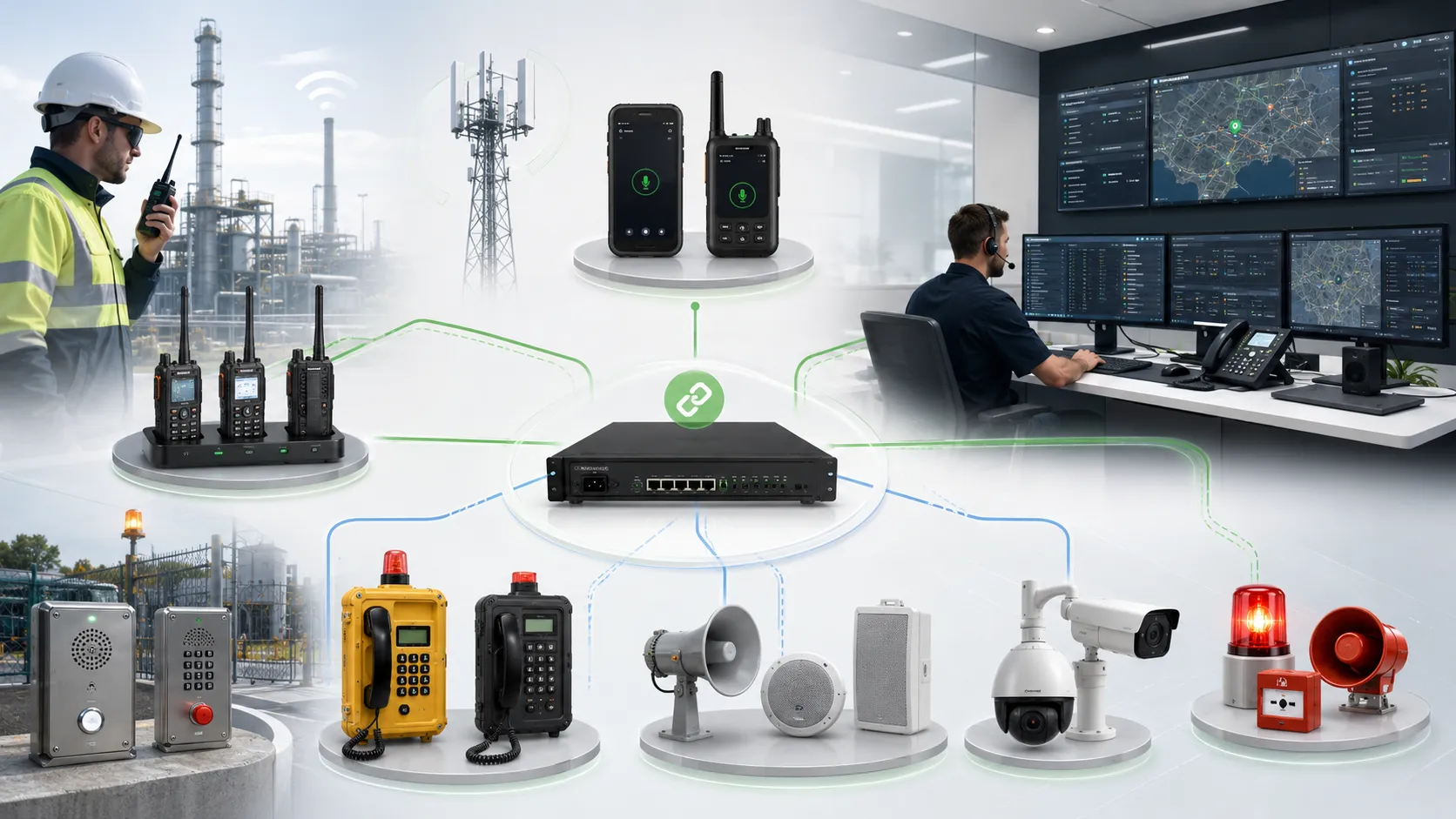 Solução híbrida de comunicação de emergência Becke Telcom conectando rádios PoC gateway RoIP despacho SIP telefones industriais PA e CCTV
