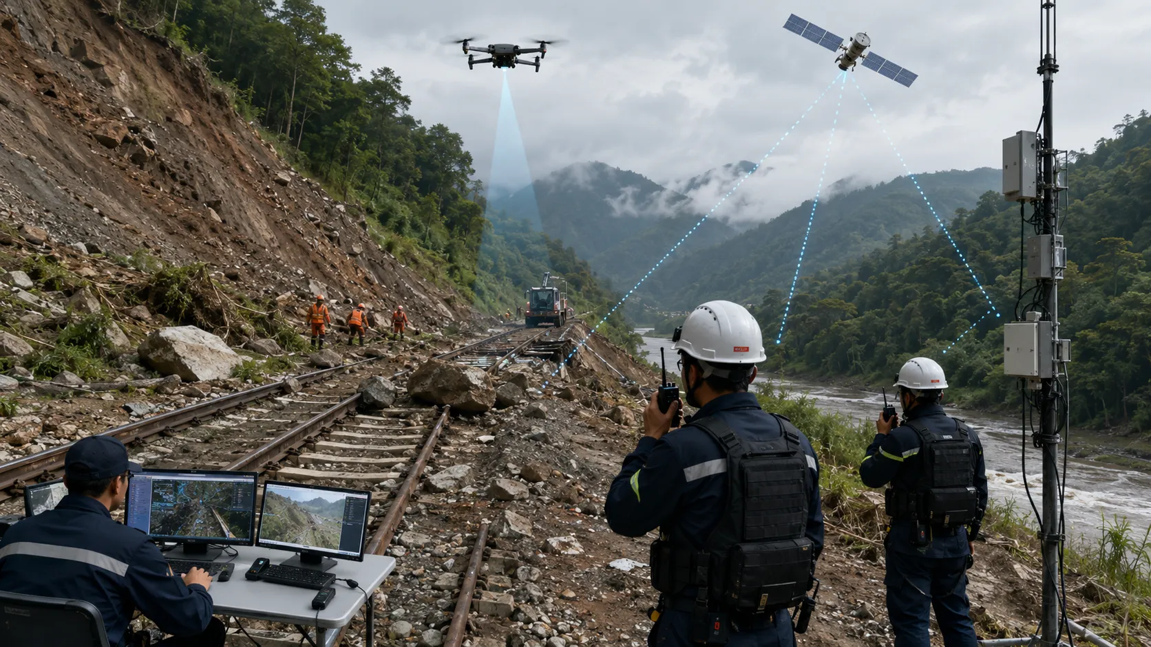 Emergência ferroviária por deslizamento usando reconhecimento por drone relay via satélite voz de rádio bidirecional e despacho do centro de comando